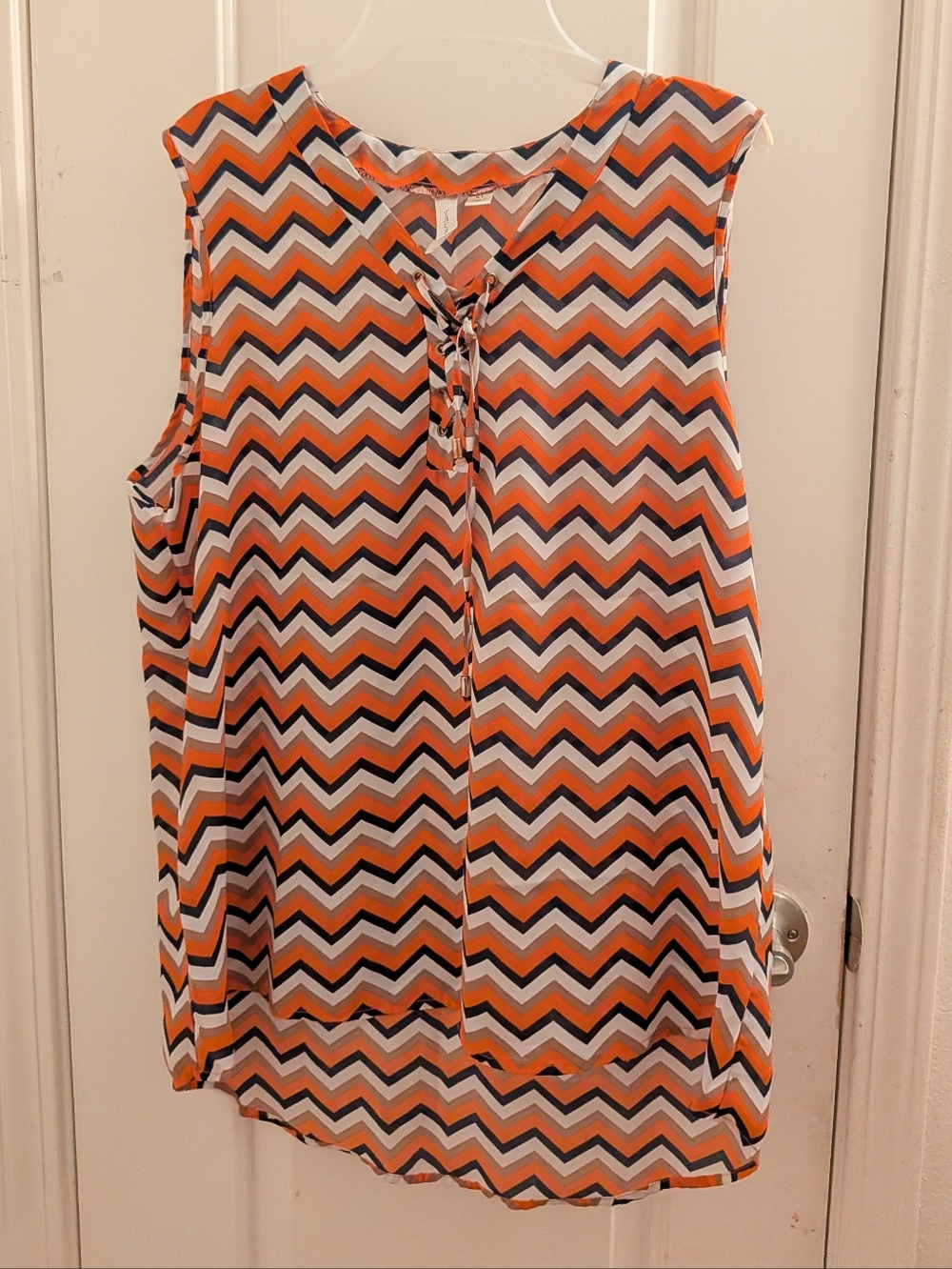Tacera Zigzag Pattern Tie-Front Sleeveless Top in Orange, Black, Brown & White